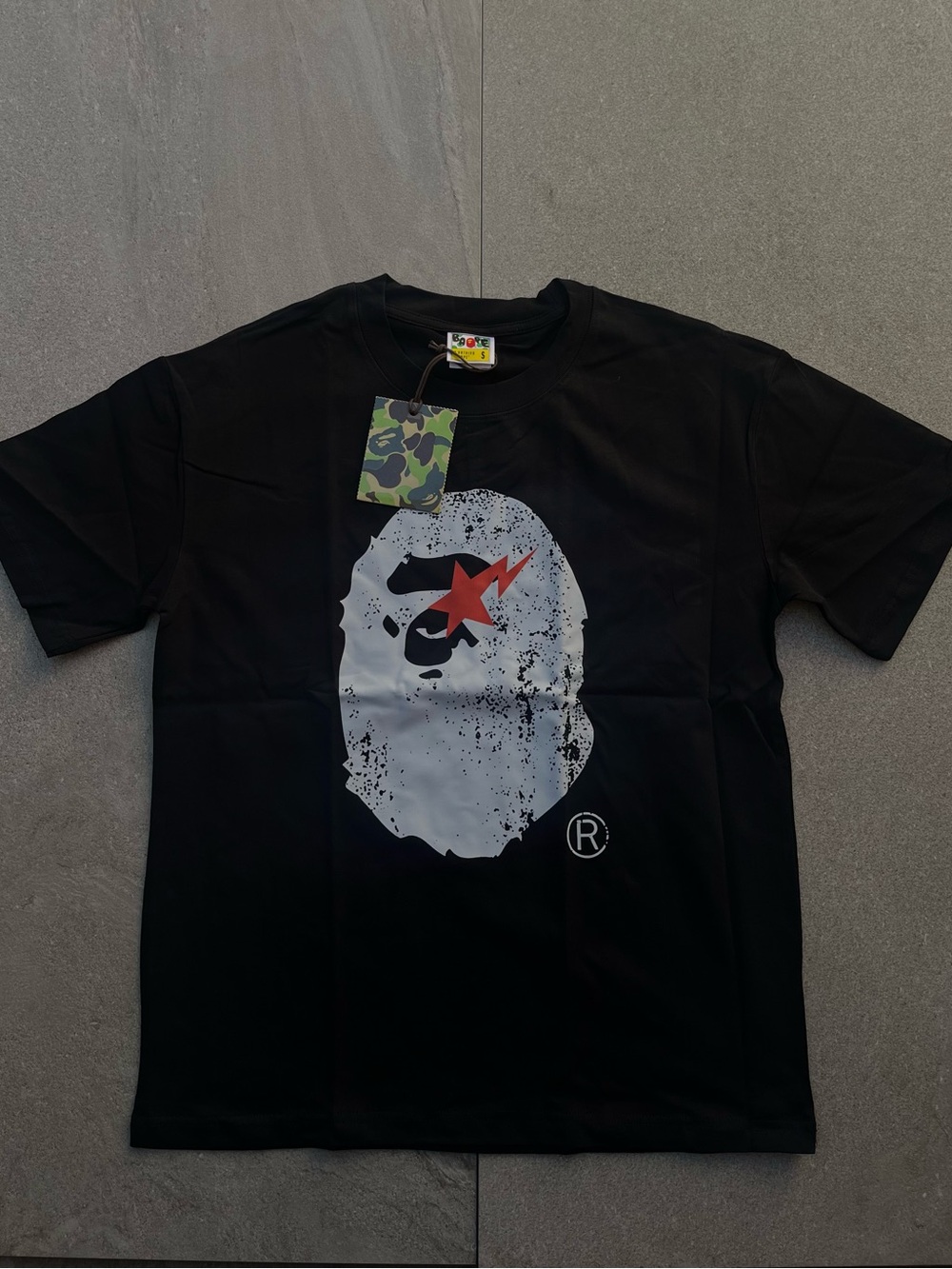 Black Short-Sleeve Graphic Tee with White Ape Motif and Red Star